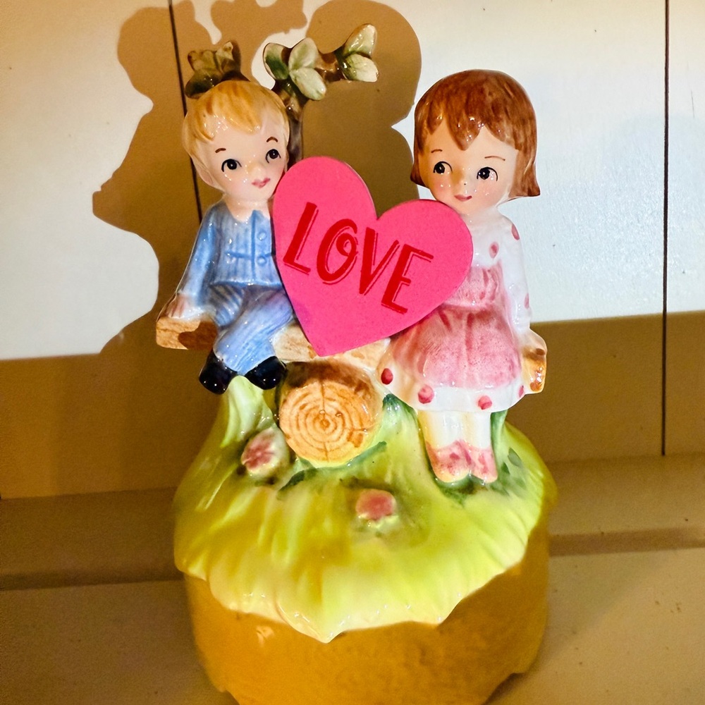 Vintage Valentines Lefton Porcelain Figurine Music Box - Blue and Pink